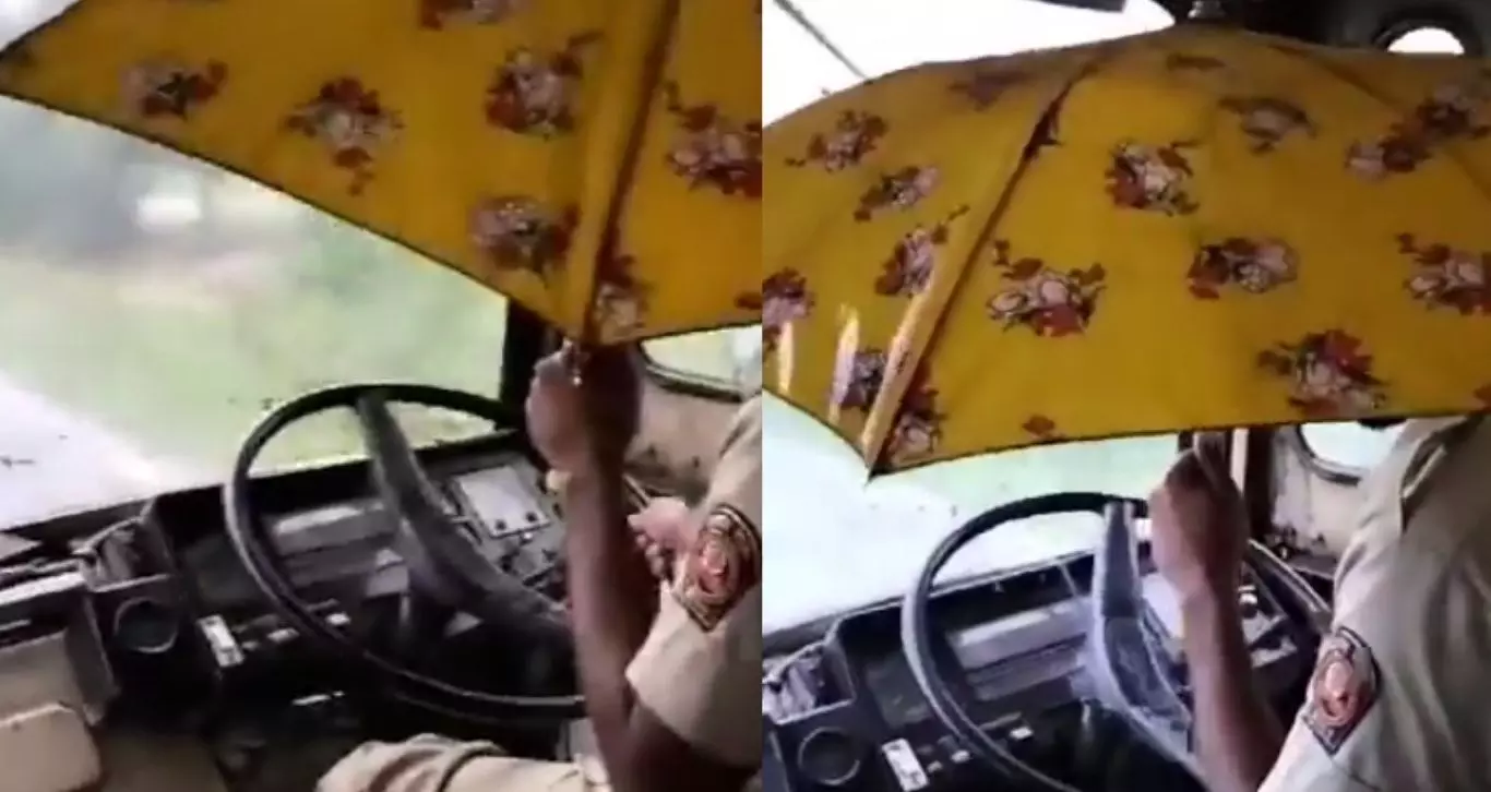 एसटी चालकाच्या एका हातात छत्री, दुसऱ्या हातात स्टेअरिंग, प्रवाशांचा जीव धोक्यात